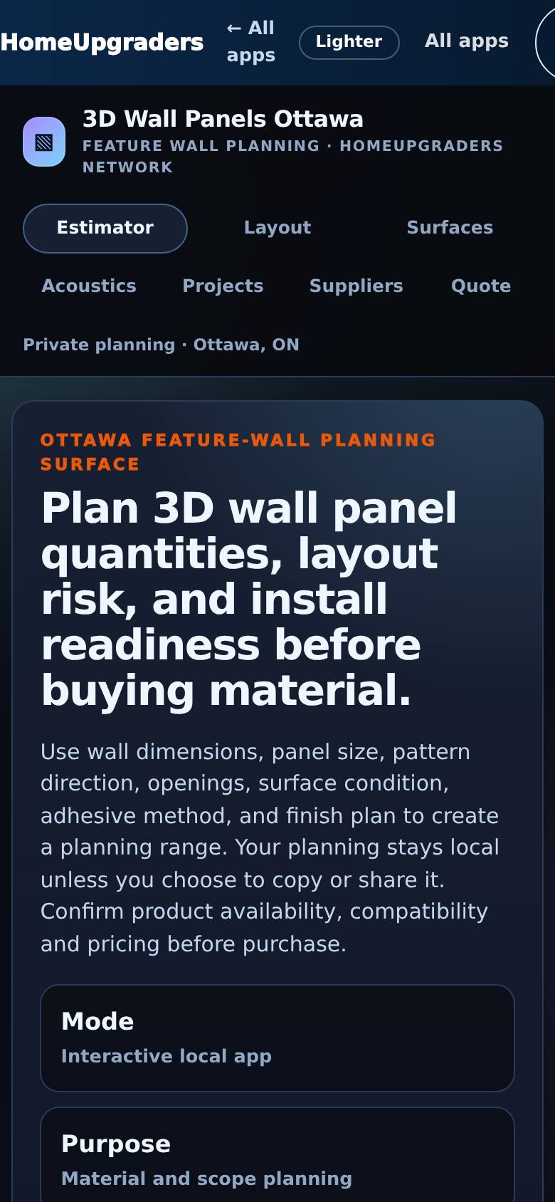 The 3D Wall Panel Planning Estimator, with tabs for Layout, Surfaces, Acoustics, Projects, Suppliers and Quote.