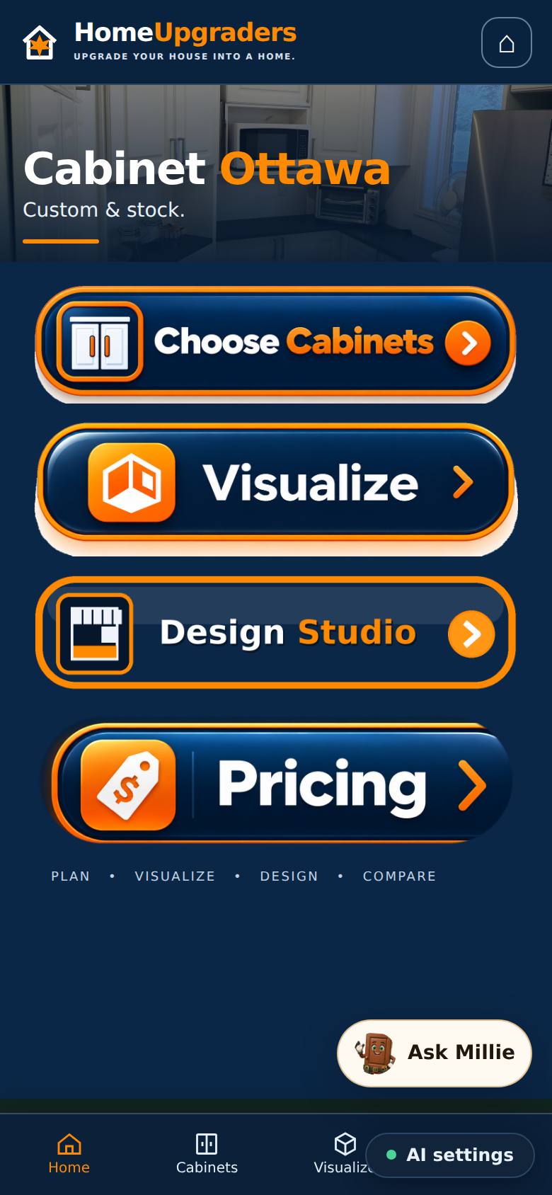 Four choices: Choose Cabinets, Visualize, Design Studio and Pricing.