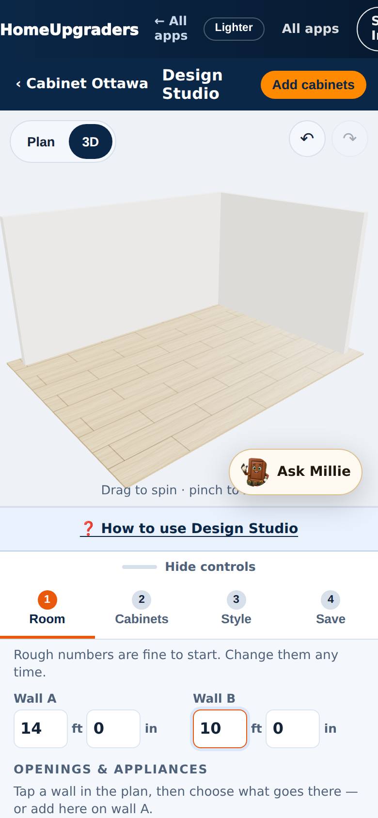 The plan redraws as an L-shaped kitchen with those walls.