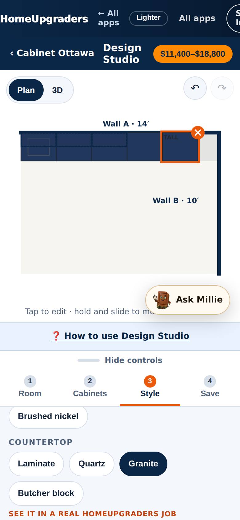 The 2D plan with each wall's length and every cabinet placed.