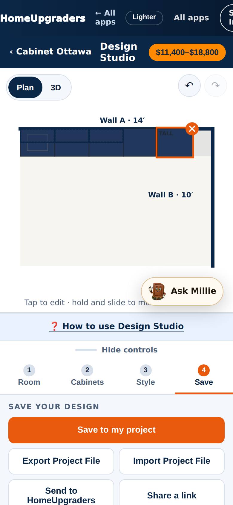 Save to my project, Export / Import Project File, Send to HomeUpgraders and Share a link.