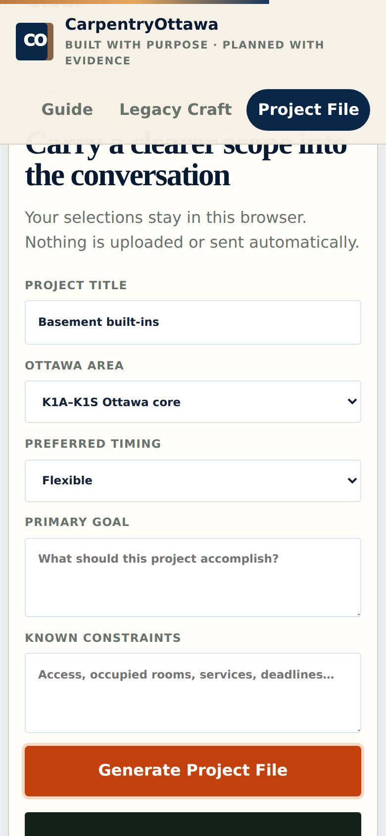 The Project File is prepared on the page from your selections.