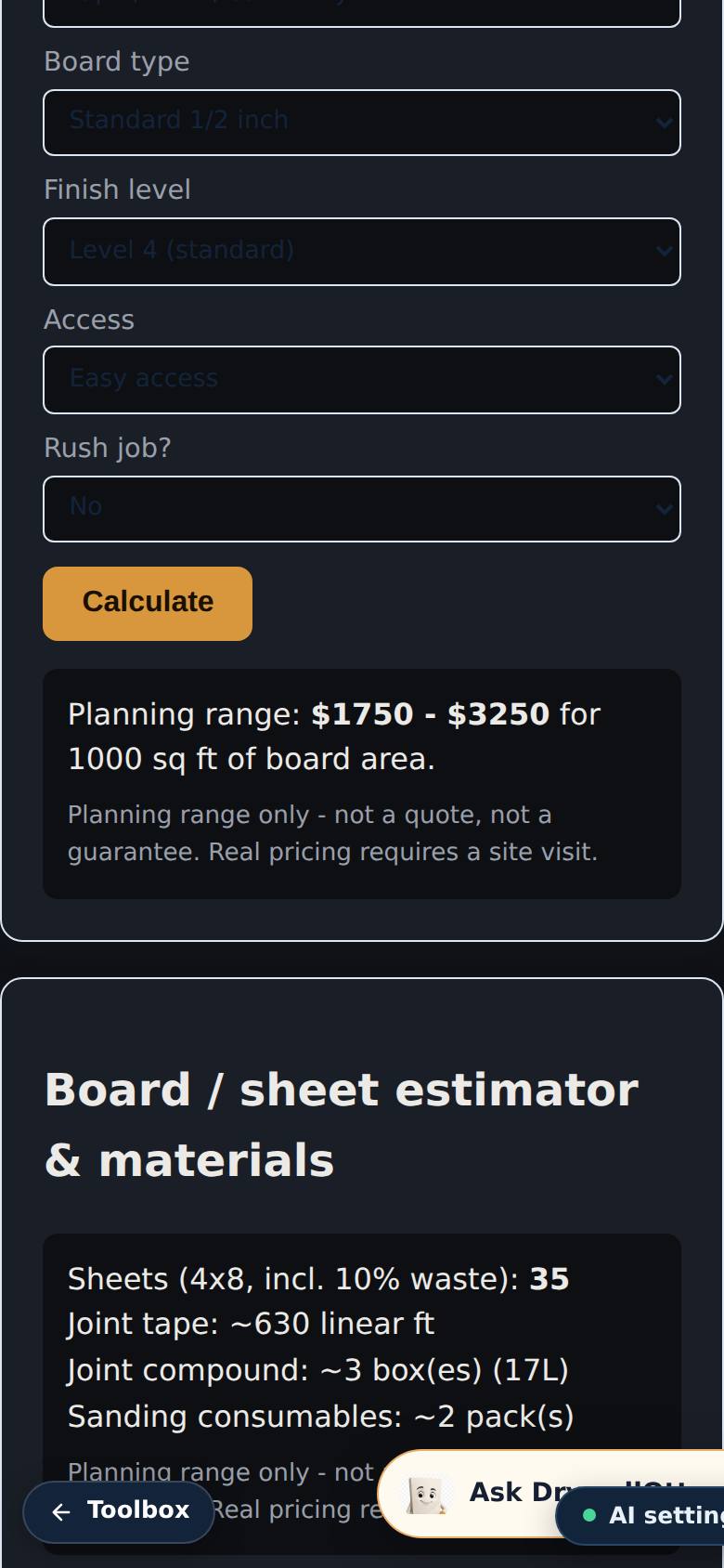 A planning range for the job, and the sheet, tape, mud and sanding estimates below it.