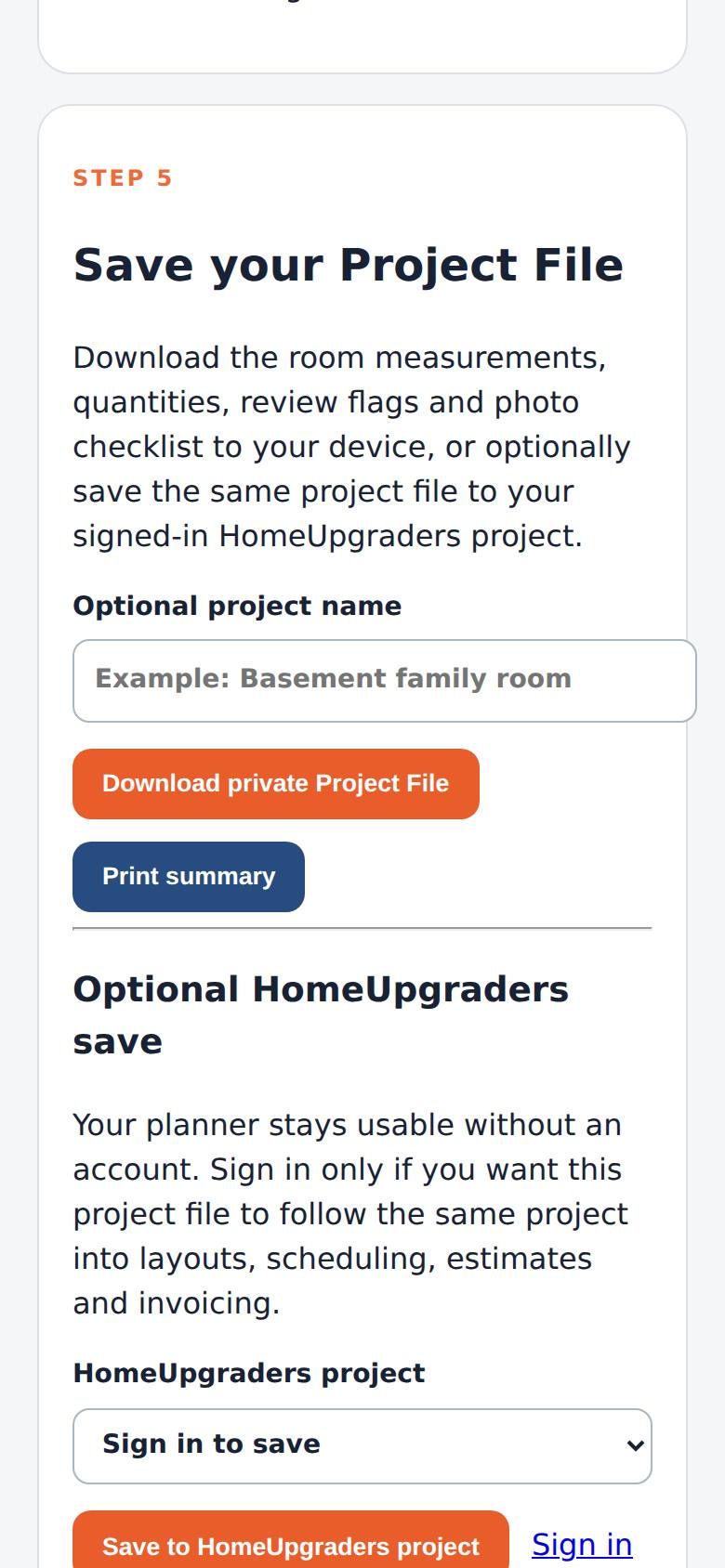 The file downloads to your phone (drywall-project-2026-09-23.json); nothing is sent.