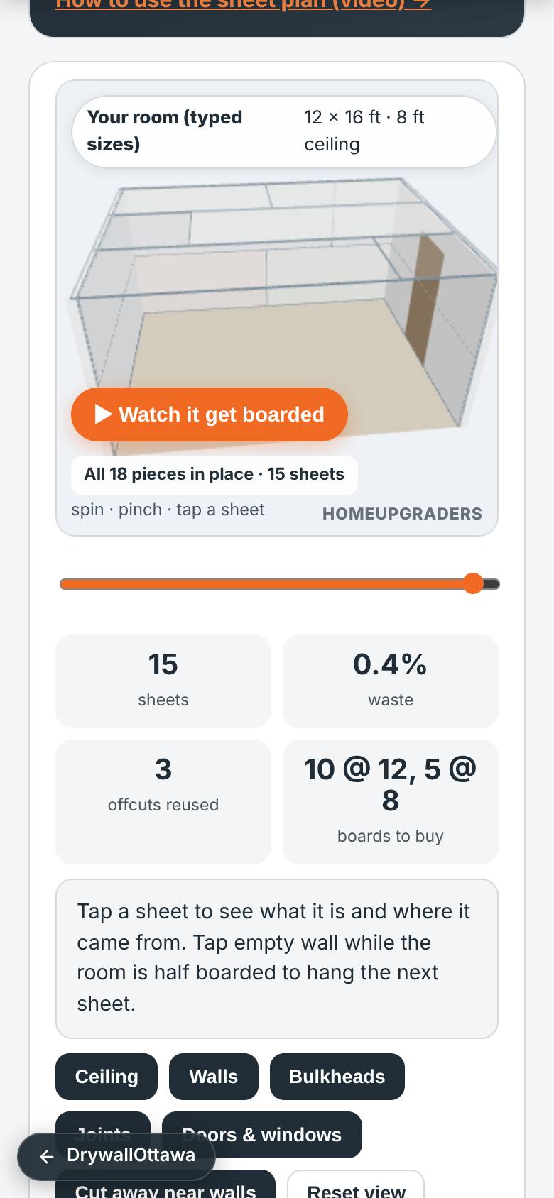 Your room is planned: 15 sheets (10 @ 12, 5 @ 8), 3 offcuts reused, 0.4% waste.