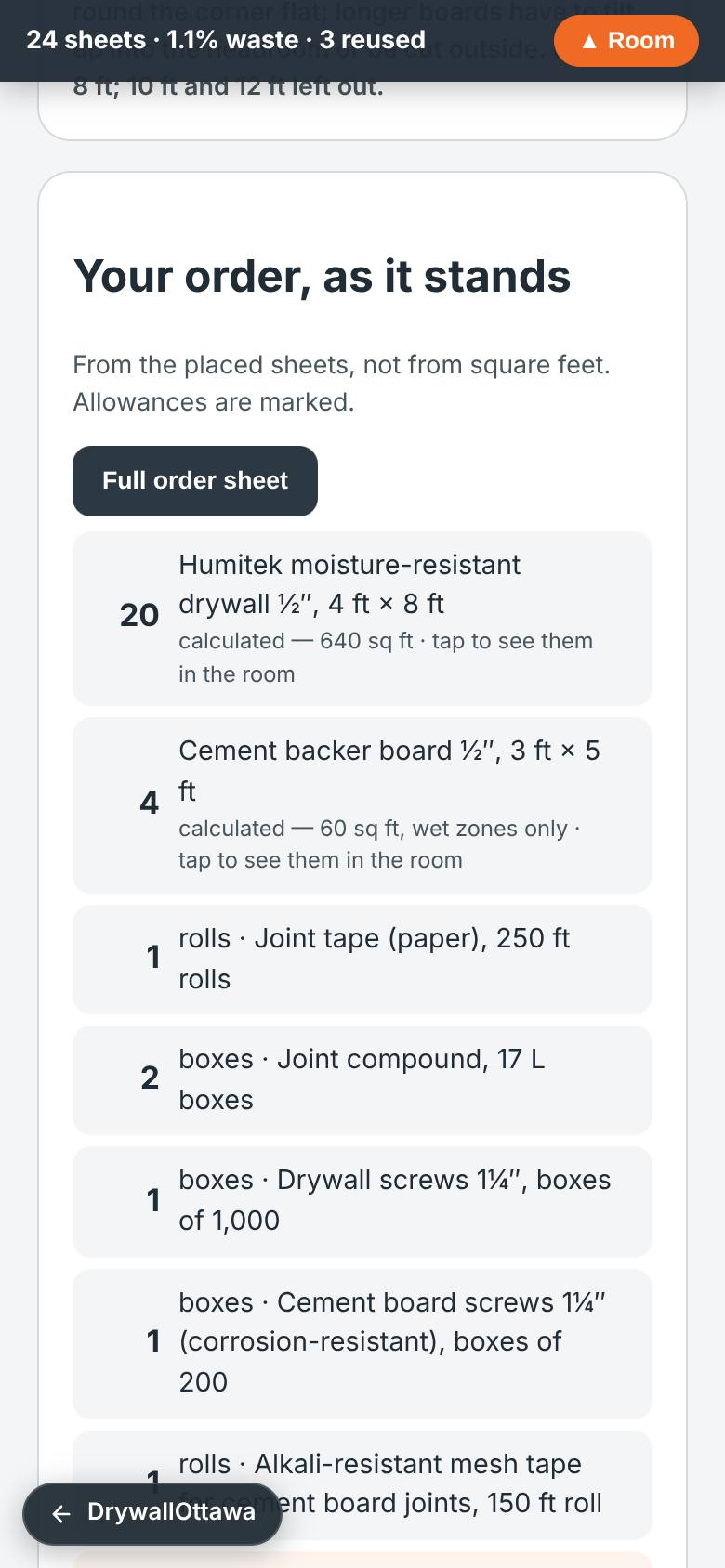 Boards by size, tape, compound, screws, the Schluter allowances; the planning range under it.