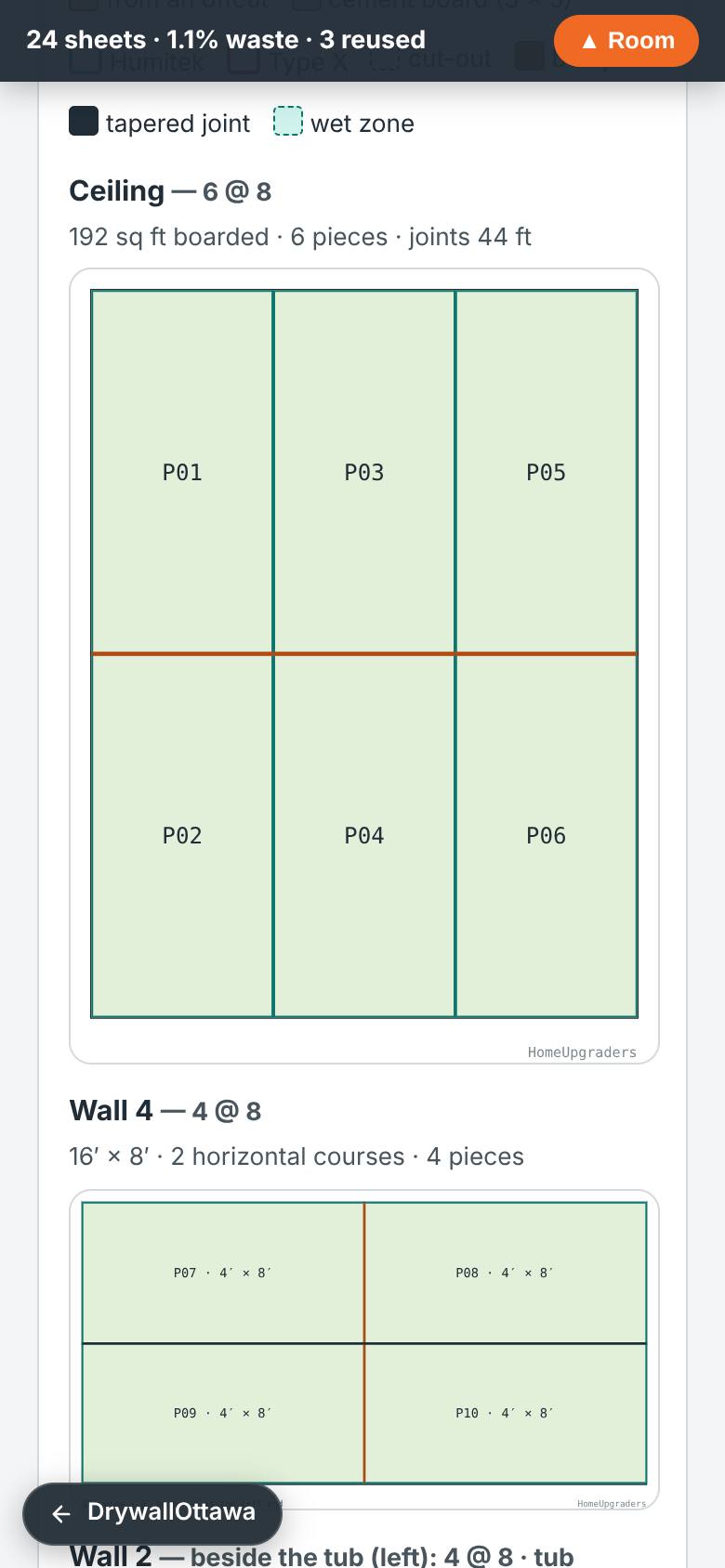 Joists, a card for every wall with its openings and wet zone, your rules, every wall drawn with its joints, the offcut pile, the install sequence.