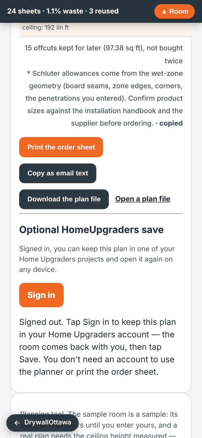 The order is on your clipboard and the plan file is on your phone; nothing is sent unless you choose to.