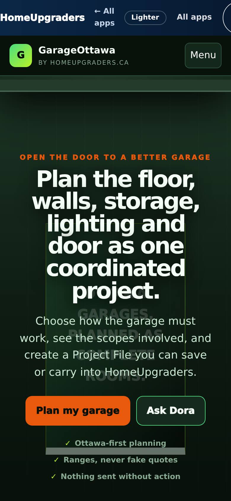 Plan the floor, walls, storage and lighting — starting with your actual bay configuration.