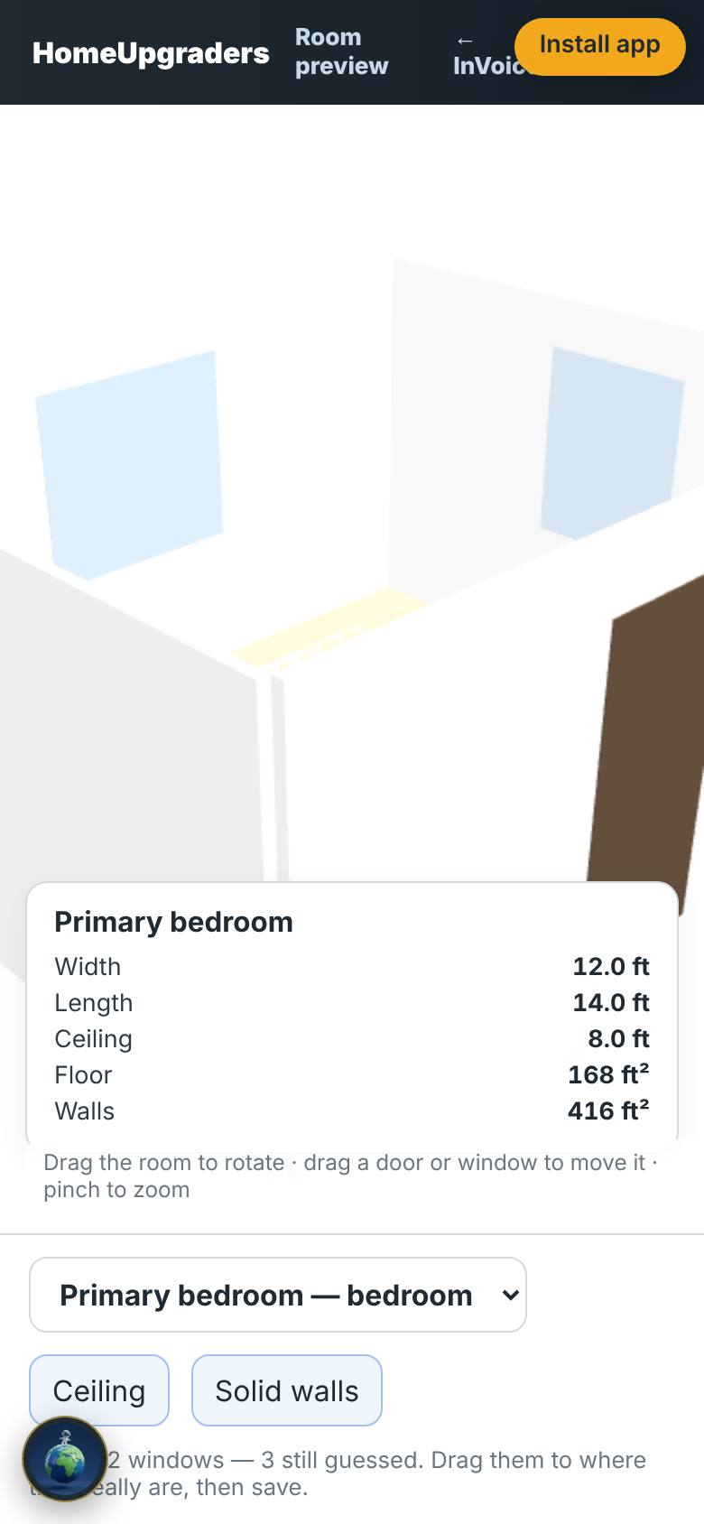The first room in 3D, with its size and openings.