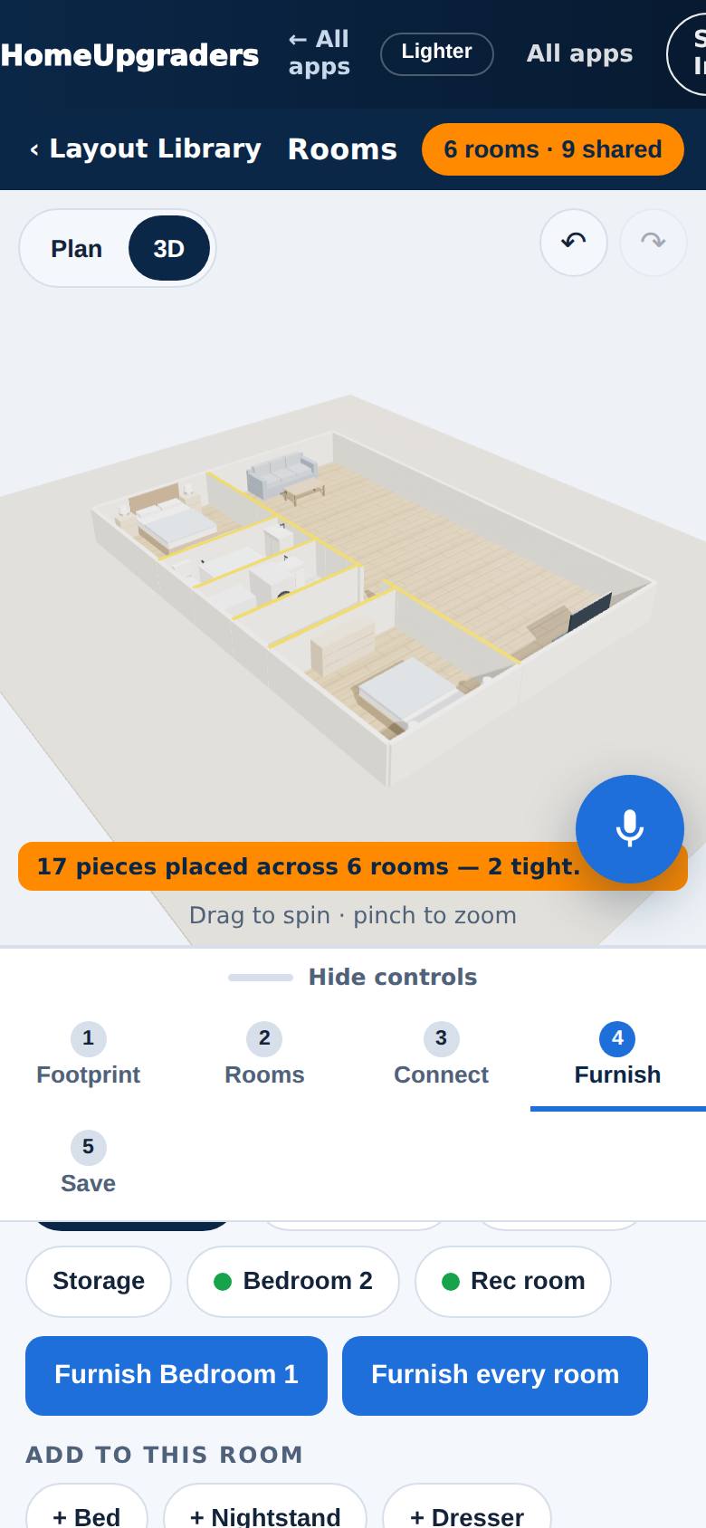 Beds, a sofa, bathroom fixtures and appliances are placed, with keep-clear checks.