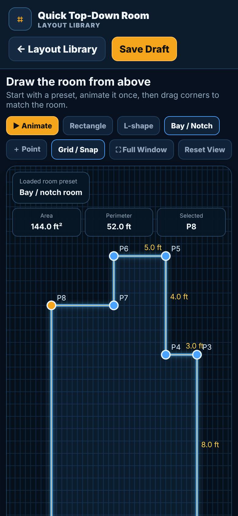 A room seen from above, with its corners numbered and every wall measured in feet. The area and perimeter are at the top.