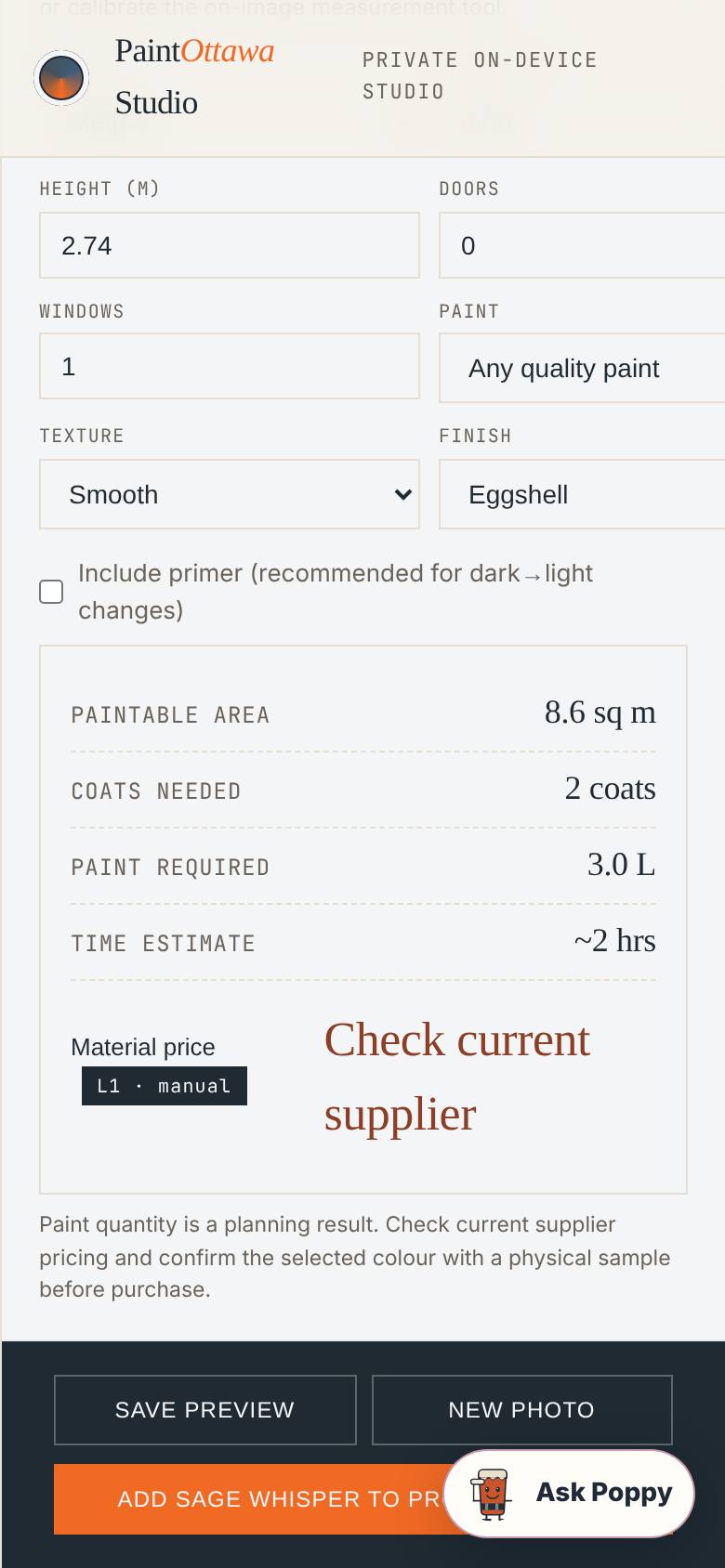 Area in square metres and paint in litres.