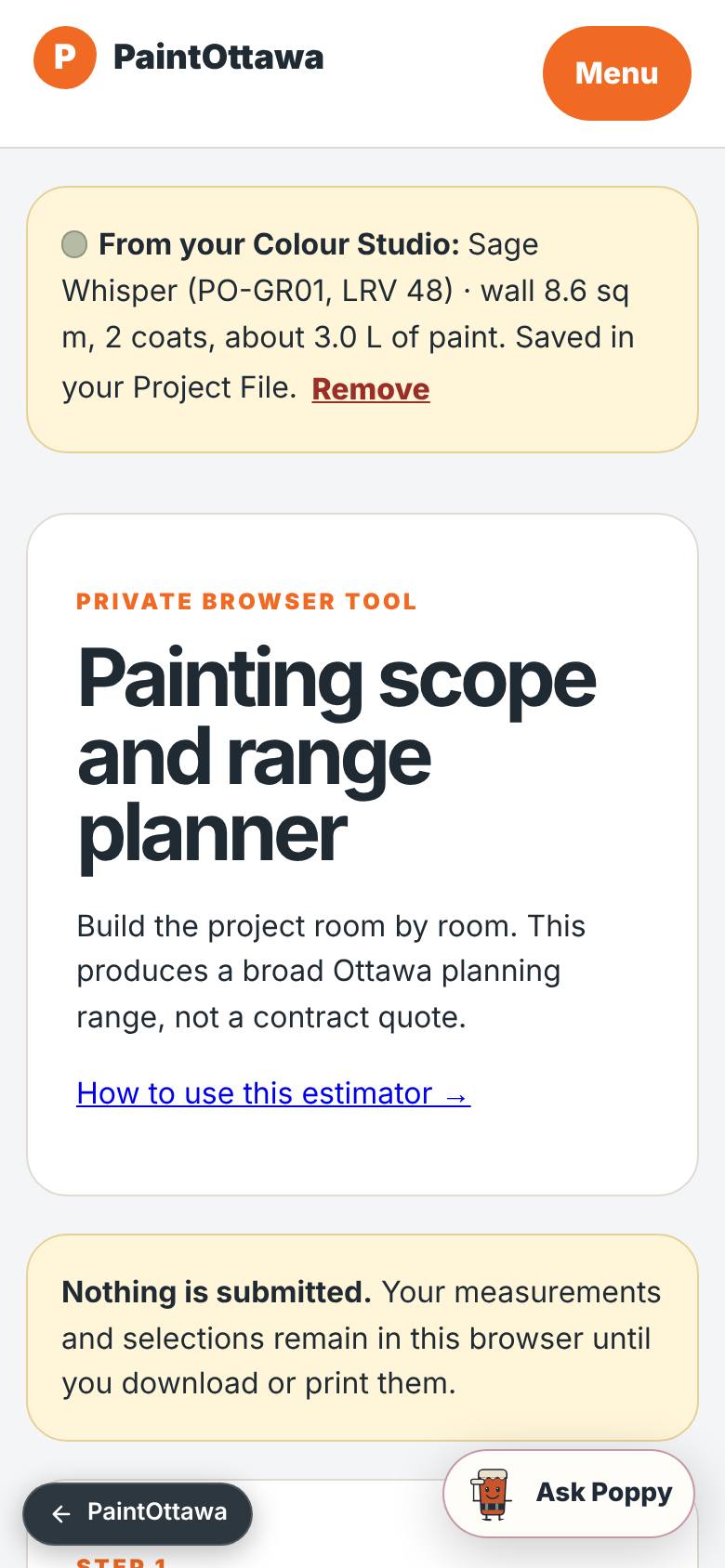 The estimator shows the Studio colour and wall.