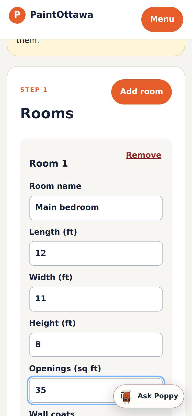 Room 1 is filled in; tick Walls, Ceiling or Primer likely as they apply.