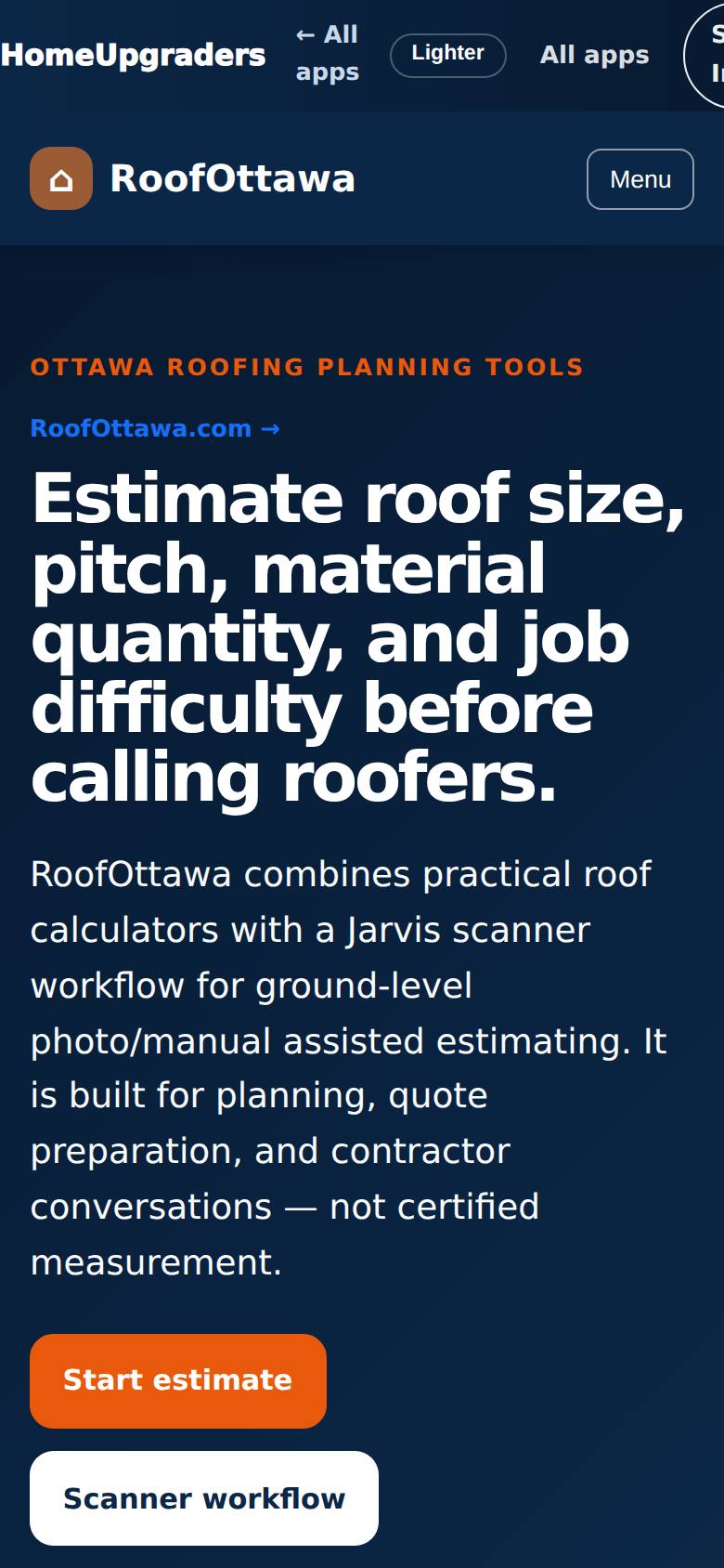 Estimate roof size, pitch and materials — "Start estimate".