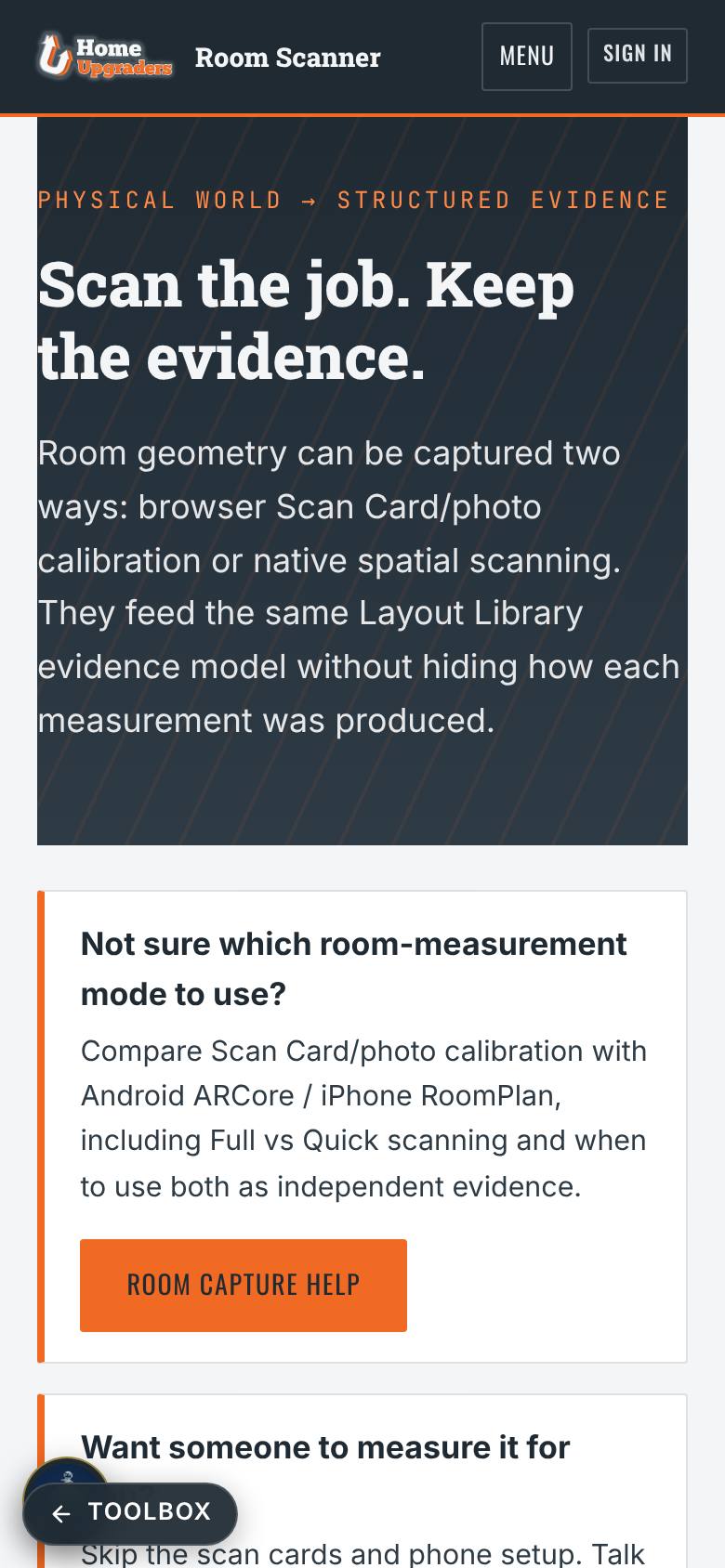 Two ways to capture a room; Room Capture Help.