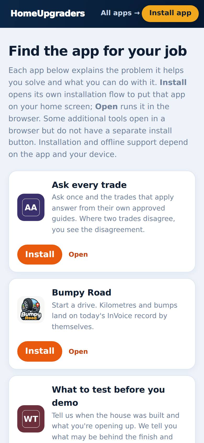 Find the app for your job — plan a renovation, measure your home, run the job — with Install app at the top.