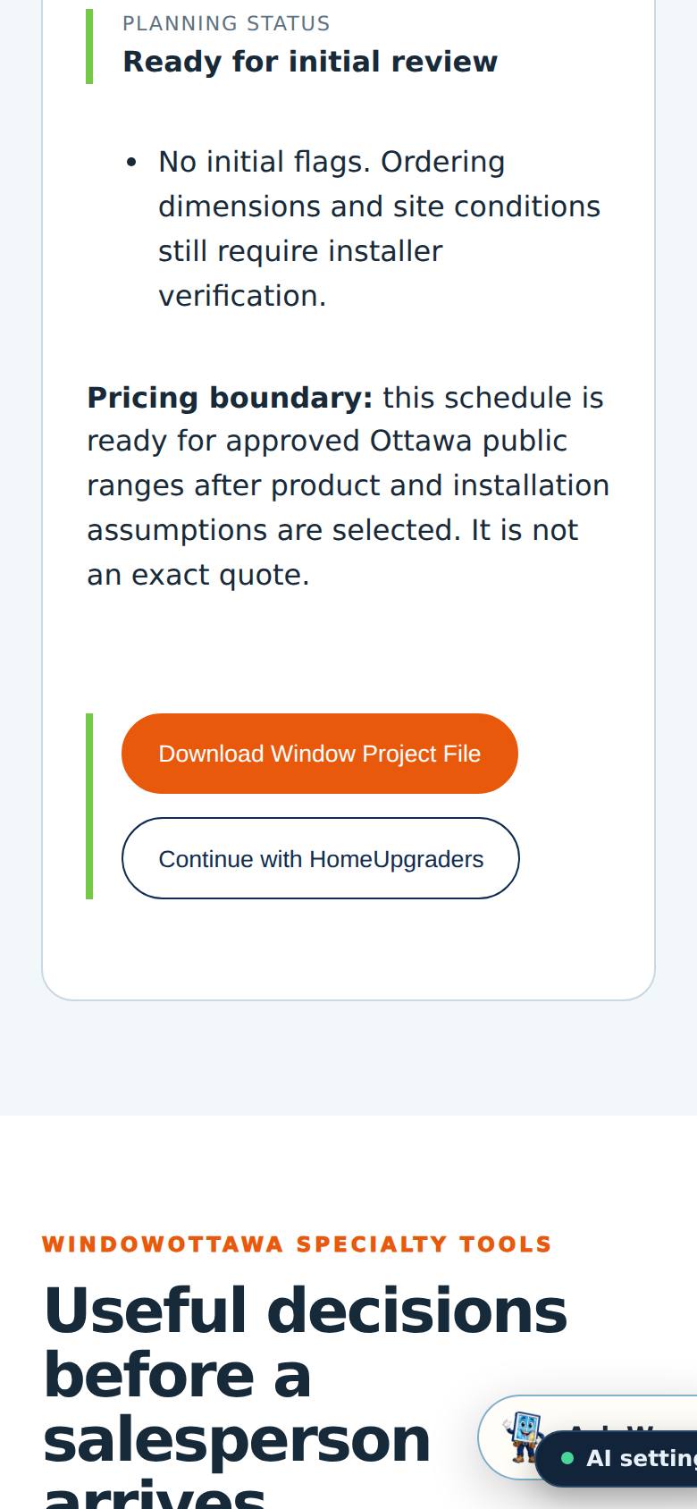 The file downloads to your phone (windowottawa-project-2026-09-23.json). "Continue with HomeUpgraders" sends it to us when you are ready.