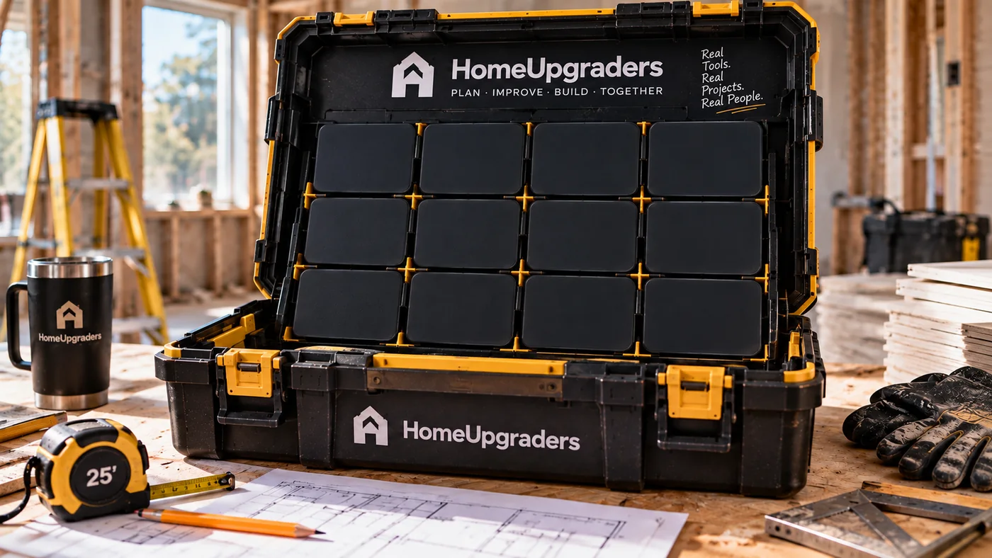A HomeUpgraders toolbox open on a workbench. Its twelve compartments are the site tools listed below.