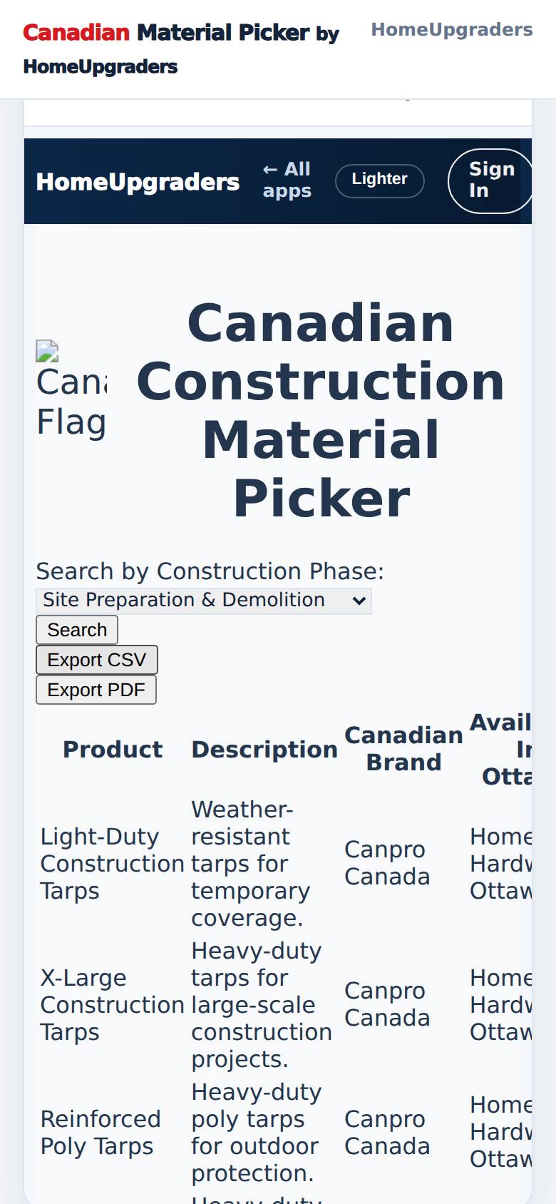 The list downloads to your phone (Canadian_Construction_Materials.csv).